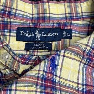 Polo Ralph Lauren Shirt Mens L Button Up Yellow Blue Red Plaid Blake Vintage 90s